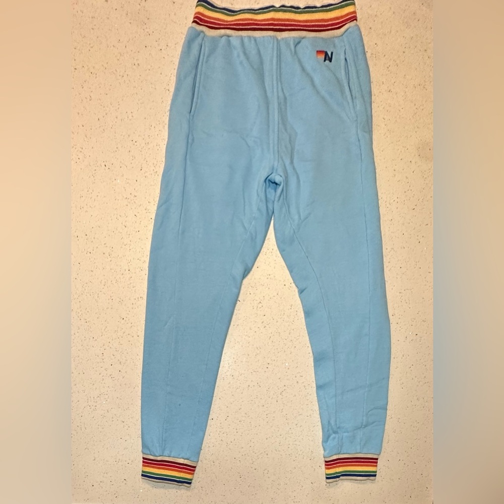 Aviator Nation pocket sweats, light blue and thick rainbow waistband